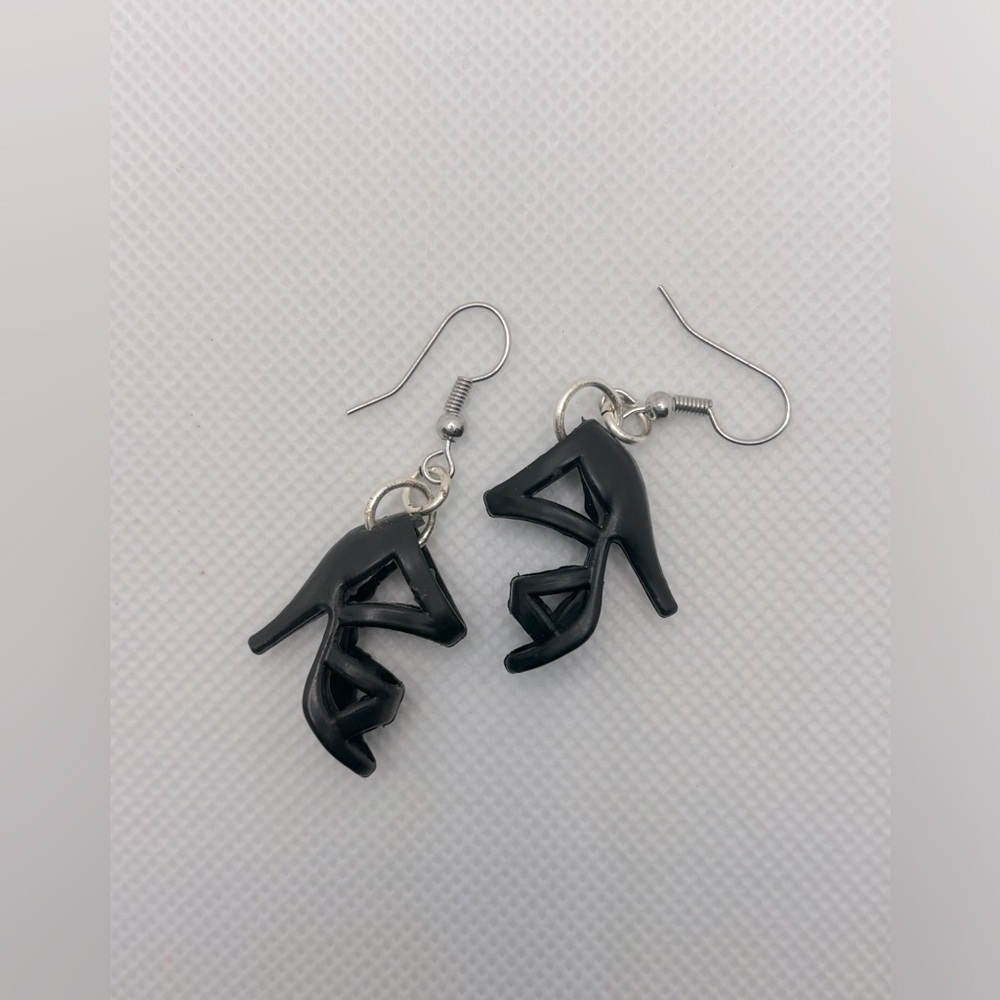 Handmade Barbiecore Barbie black strappy high heel earrings.